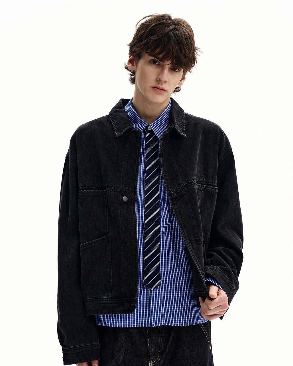 Giacca di Jeans da uomo Nera con Bottoni a Pressione | Rowan, immagine 2
